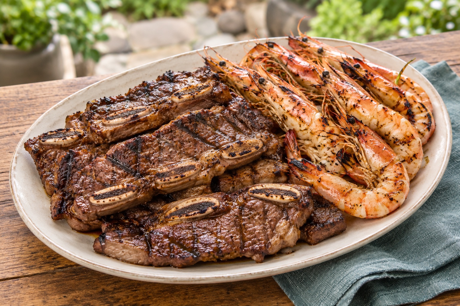 Grilled beef short ribs and prawns, AI-generated food illustration