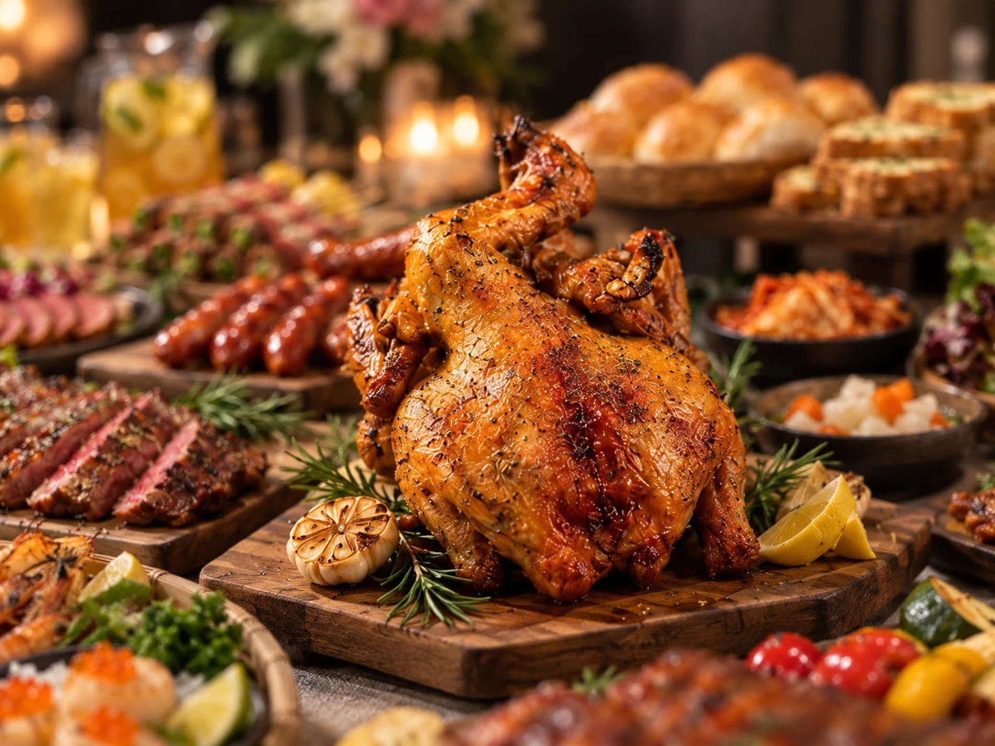 Package B Chicken, Land & Sea: whole roast chicken and barbecue dishes, AI-generated food illustration